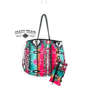Crazy train leopard/aztec neoprene tote w/ attached wallet